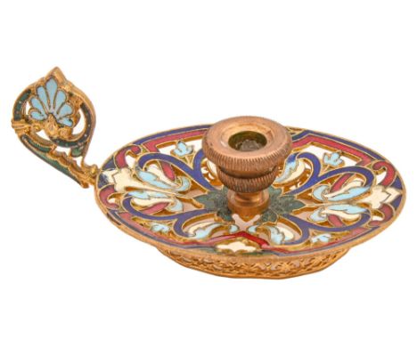 A French miniature giltmetal and champleve enamel taperstick, late 19th c, 78mm l  Good condition