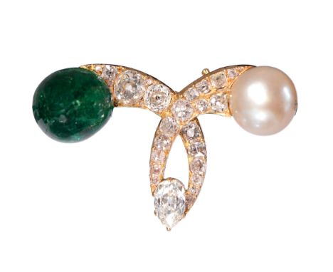 An emerald, pearl and diamond brooch, in the form of a loop of diamonds terminating in emerald bead and pearl, emerald approx