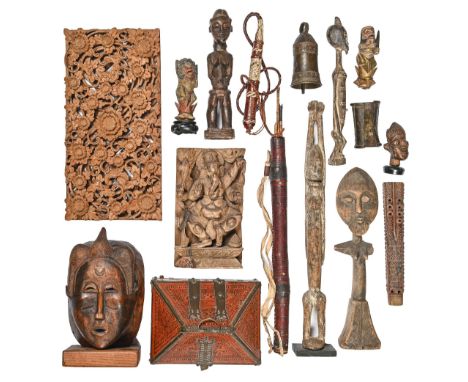 Tribal Art. Miscellaneous South East Asian caved wood figures and other items, bronze bell, anklet and an Indian brass mounte