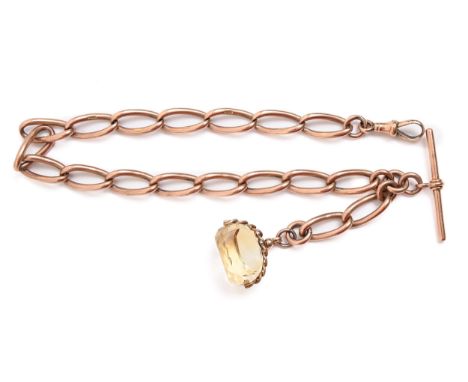 A 9ct gold albert, c1900, with T-bar, 37cm l, links individually marked, 61g and a gold mounted citrine swivel  Light wear on