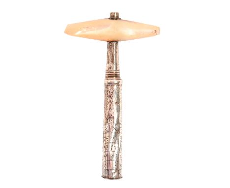 A George III silver pocket corkscrew, with mother of pearl handle and wire worm, the sheath engraved as a calendar with detac