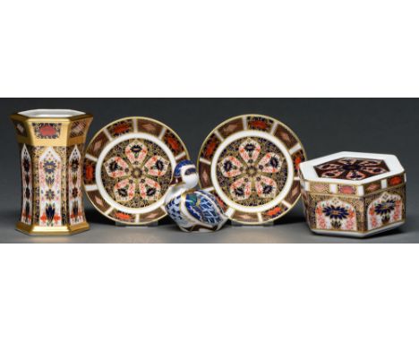 A Royal Crown Derby 1128 Imari hexagonal vase,&nbsp;11.2cm h, printed marks, another three Imari pieces, and a paperweight of