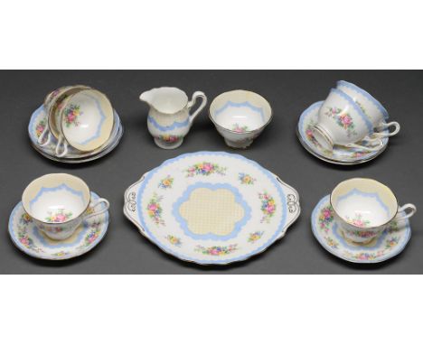 A Royal Albert Prudence pattern tea service, two handled plate 25cm over handles, printed mark (15)  Good condition
