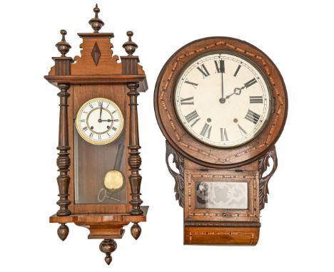 A Victorian walnut and crossbanded trunk dial wall clock, pendulum, 70cm h and a walnut 'Vienna' wall clock, with enamel dial
