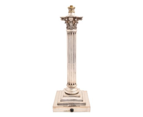 An Edwardian EPNS columnar oil lamp, the stepped foot engraved with crest, motto SINE DOLO and date OCT 14TH 1908, adapted fo