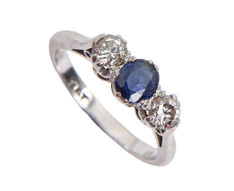 A sapphire and diamond ring, in platinum, marked PLAT, 3.8g, size I  Good condition. No wear or scratches on sapphire