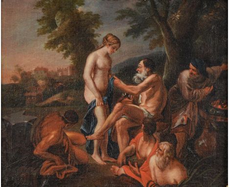 Italian School, 18th c - Vulcan Presenting the Arms of Achilles to Thetis,&nbsp;oil on canvas, 32 x 38cm, giltwood and gesso 