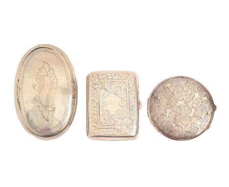 A Continental oval silver tobacco box, 19th c, unmarked, 12cm l, a silver cigarette case, Birmingham 1903 and a round silver 