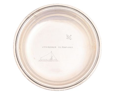 A Danish silver dish, engraved with submarine and bi-plane and inscribed STOCKHOLM 22 MAJ 1919, the underside with facsimile 