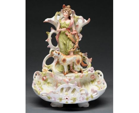 A Sitzendorf pierced porcelain vase, early 20th century, set with the figure of a classical maiden and hound above a shell mo