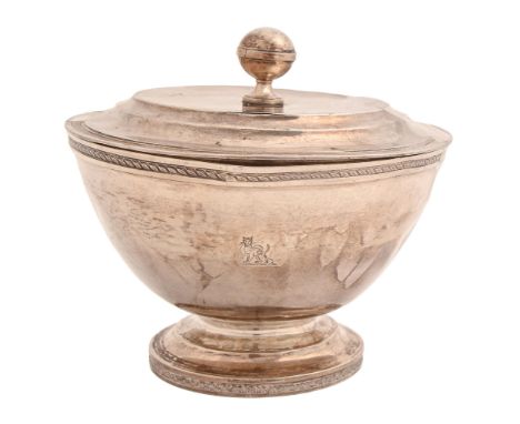 A Dutch silver sugar bowl and cover, with banded globe knop, crested, 12.5cm h, 10ozs  Split in lid. Wear consistent with age