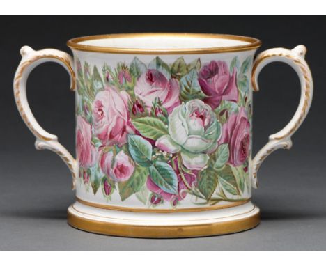 An earthenware loving cup, c1870, painted with cabbage roses and inscribed in gilt A Present from Robert Witterson to James K