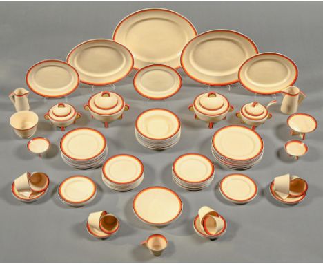 Clarice Cliff. An extensive A J Wilkinson banded ware dinner and tea service, 1932, including conical shapes, printed bizarre