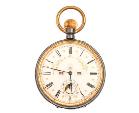 A Swiss gilt brass and gunmetal keyless lever mammoth watch, c1900, the enamel dial with date, day, month and lunar work, gla
