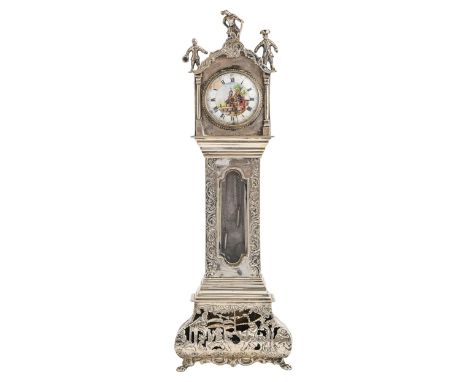 A Dutch miniature silver longcase clock,&nbsp; late 19th c, incorporating a earlier verge watch with polychrome painted dial,