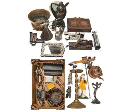 Miscellaneous ornamental metal work and wooden articles, late 19th c and later, to include a mid-century varnished light wood