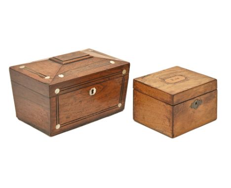 A Victorian walnut and inlaid tea caddy, the lid with octagonal tablet inscribed Tea, 13cm l and a Victorian rosewood tea che