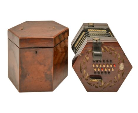 A Victorian Concertina, Lachenal &amp; Co, Patent Concertina Manufacturers London, No 54193, with grained rosewood frets, tre