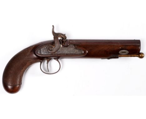An English 15 bore full stocked percussion pistol, Jackson, with 6" browned octagonal barrel and engraved tang, engraved lock