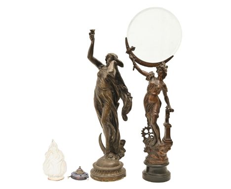 A French fin de siècle bronzed spelter figural lamp, in the form of a maiden emblematic of night and standing on a crescent m