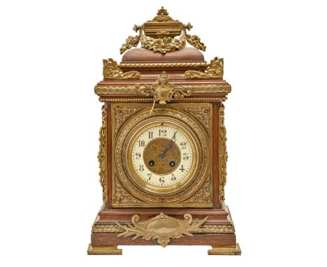 A French brass mounted oak bracket clock, with primrose enamel chapter ring and gong striking movement, engraved June 15th 18