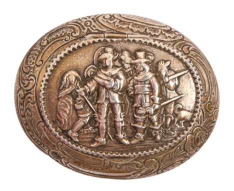 A Dutch oval silver snuff box, the lid embossed with figures from Rembrandt's Night Watch, 65mm l, control marks, late 19th c