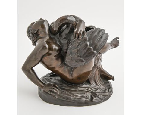 A French bronze sculpture of Leda and the Swan, cast from a model by Jean-Jacques Feuchere, 19th c, even rich brown patina, 1