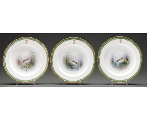 A set of three Copeland bone china ichthyological&nbsp; plates, early 20th c, painted by A Perry, each signed, with fish, the