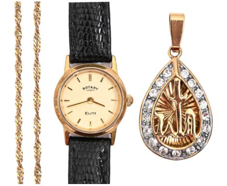A Rotary 9ct gold lady’s wristwatch, Elite, quartz movement, 21mm diam, black leather strap, a 9ct gold chain, 1.8g and a pea
