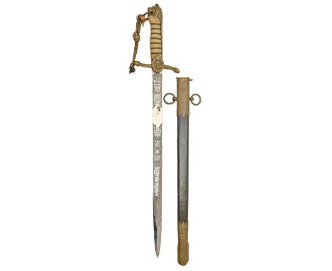 A Royal Navy 1856 pattern midshipman's dirk and scabbard, decoration to the etched blade including GvR cypher and signed HENR