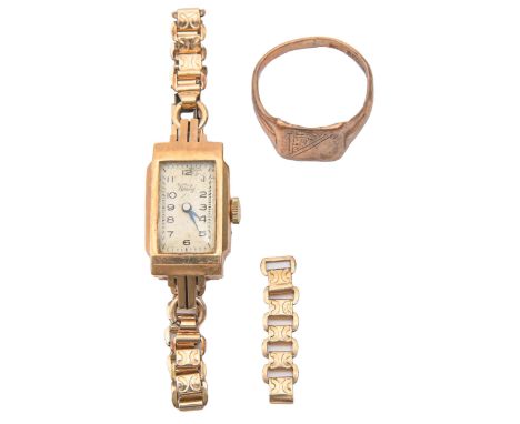 A Verity 9ct gold rectangular lady's wristwatch,&nbsp;14 x 33mm, Birmingham 1950, on plated bracelet and a 9ct gold signet ri