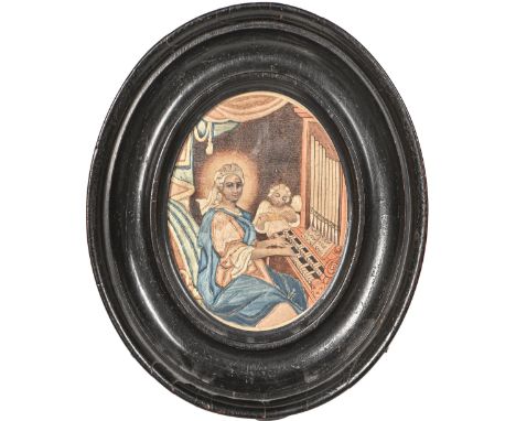 An 18th century&nbsp;colifichet silk embroidery and paper oval picture,&nbsp;worked with Saint Cecilia, the patron saint of m