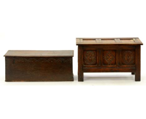 A boarded oak&nbsp; box,&nbsp; 18th/early 19th c,&nbsp; and a miniature carved oak three panel chest, early 20th c, second 67