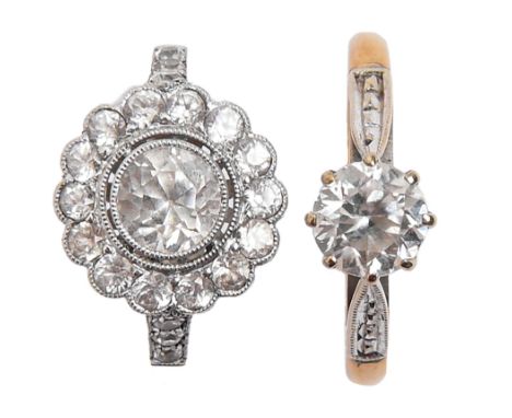 Two gem set rings, one millegrain set, one gold hoop marked PLAT 18ct, the other marked 9ct, 3 and 2.1g, size J and K½ respec