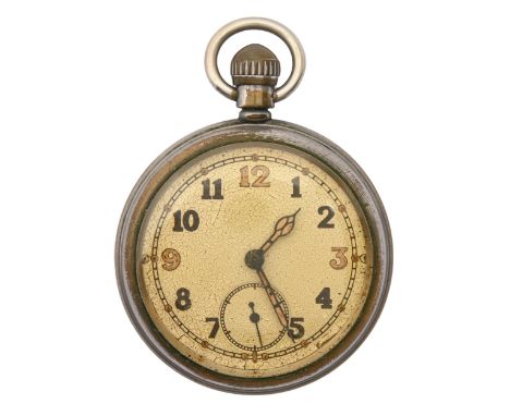 Military timepiece. A British Army Issue plated keyless lever watch, marked on caseback GSTP and Broad Arrow, 52mm diam  Move