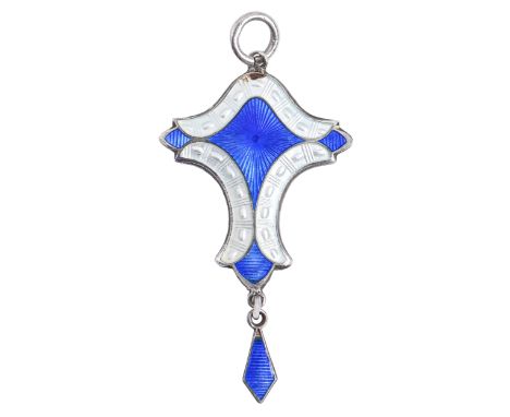 A silver and blue translucent and white enamel pendant, 37mm including drop, by J Aitkin &amp; Son, Birmingham 1914, 2g  Good