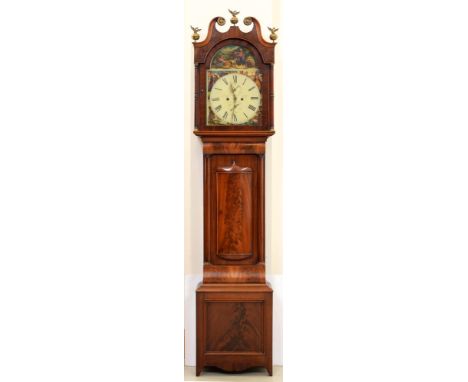 A Scottish mahogany eight day longcase clock, Robert Currer, Falkirk, 19th century, the breakarched and painted dial with twi