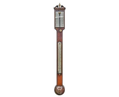 A Victorian figured and fiddle back mahogany and line inlaid stick or cistern barometer, Cary, London, mid 19th c, the silver