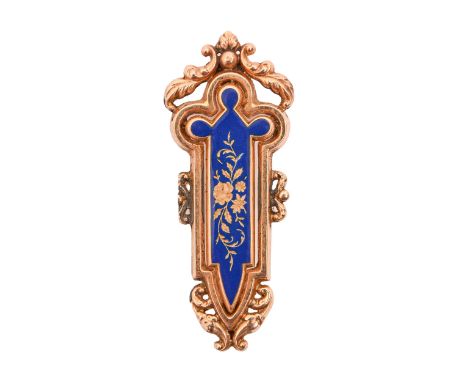 A Continental gold and enamel brooch, probably French, 19th c, adapted from a larger article, 49mm l, 3.6g, lacks pin  