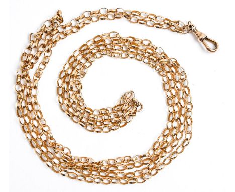 A gold long chain, 146cm l, marked 9c, 16.8g  Light wear, joined in one place to form a double row; condition good