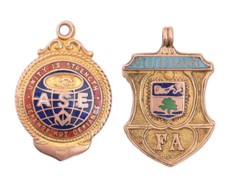 A 9ct gold and enamel prize watch fob shield of Bedfordshire Football Association and another of the Amalgamated Society of E