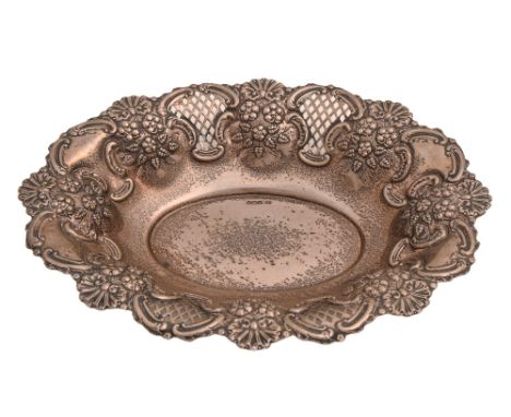 A George V silver fruit dish, die stamped with flowers and blind and open trellis, 31cm l, by Mappin &amp; Webb, Sheffield 19