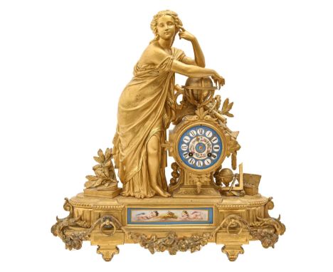 A French spelter gilt mantel clock, c1880, in the form of a classical maiden emblematic of, possibly, Geometry, the drum case