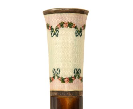 A Continental tortoiseshell silver and guilloche enamel parasol handle, c1920, painted with rose festoons, 29.5cm l excluding