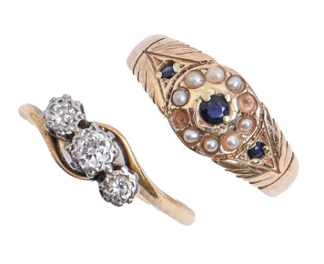 A three stone diamond ring, gold hoop marked 18ct PLAT and a Victorian sapphire and split pearl ring, in 15ct gold, Chester 1