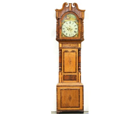 A Victorian eight day oak mahogany, rosewood and inlaid longcase clock, the breakarched painted dial with ringed winding squa