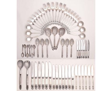 Georg Jensen. A Danish silver table service, Acorn pattern, the service including silver hafted table, cheese and butter kniv