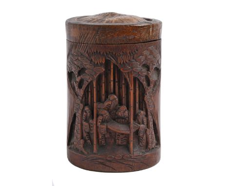 A Chinese carved bamboo tea caddy and cover, early 20th c, with lidded tin liner, 16.5cm h  