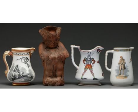 An Elsmore &amp; Forster Grimaldi the clown jug, Samuel Alcock bone china Royal Patriotic jug with orange and gilt borders, a