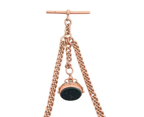 A 9ct gold Albert and T bar,&nbsp;with gold mounted bloodstone swivel, 40cm l, links individually marked, 42g excluding swive